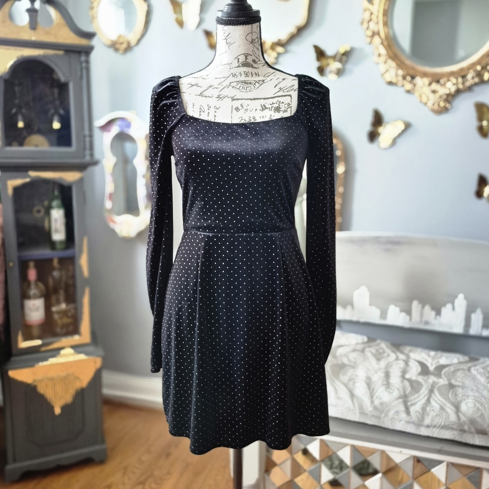 Mi Ami Black Velvet Whimsigoth Punk Long Sleeve Dress with Tiny Polka Dots Small